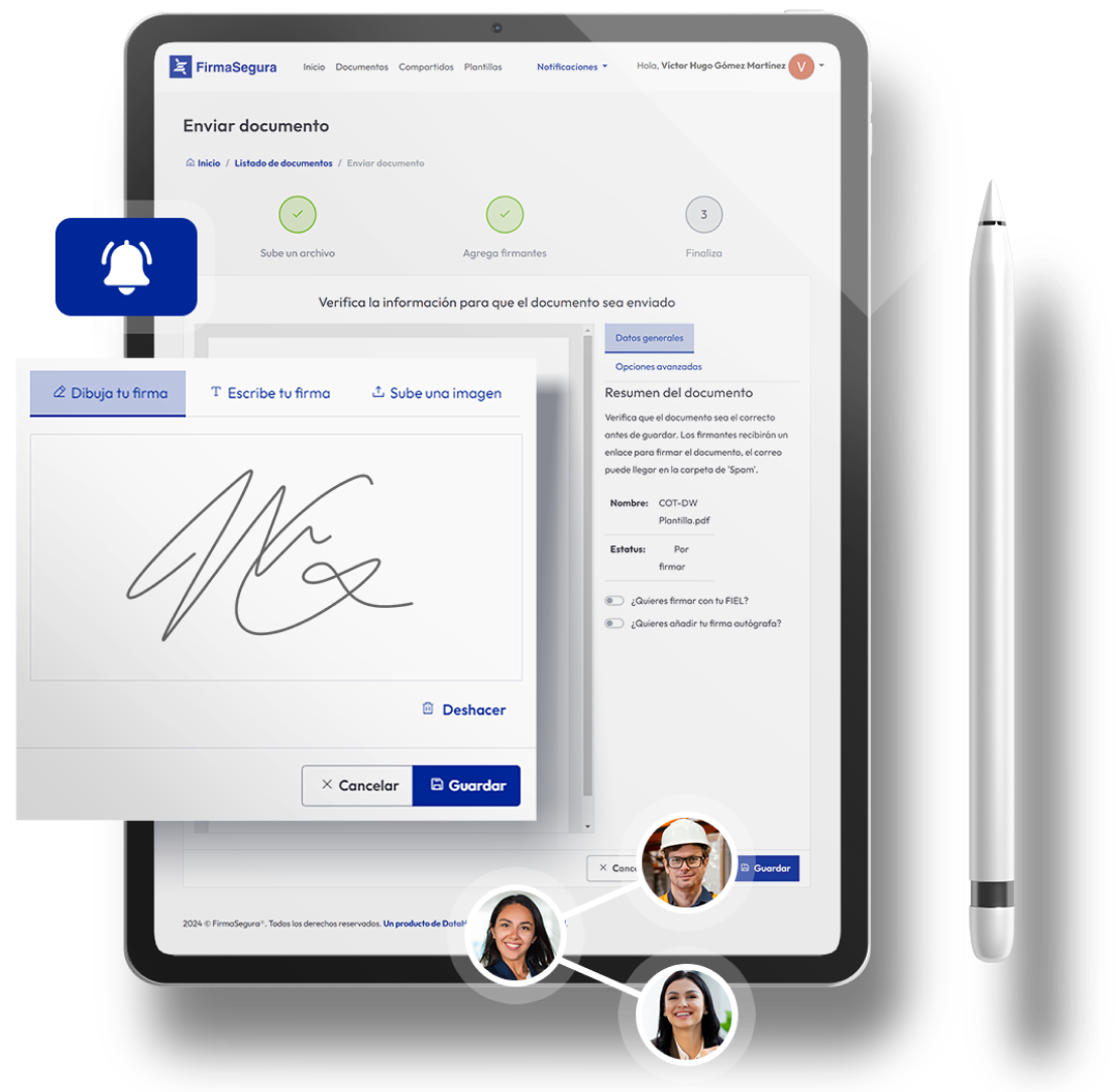 iPad con la vista de firma, tres usuarios conectados, un stylus pen y una campana de notificación